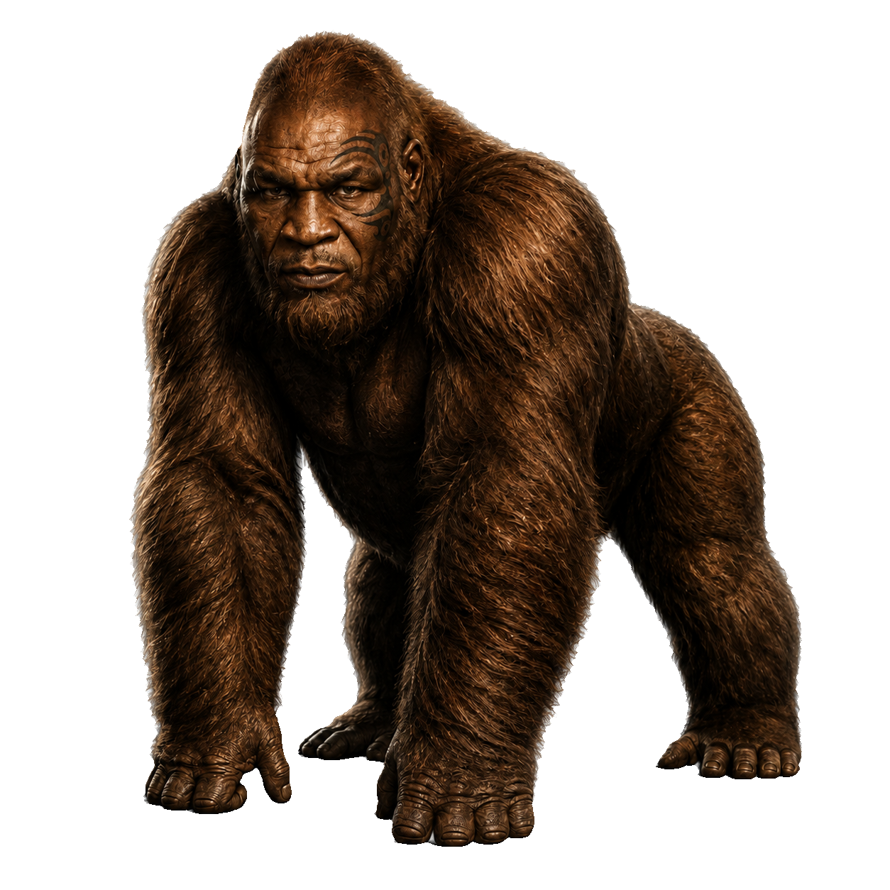 Mike Apeson — a heavyweight ape with a tribal face tattoo, staring you down