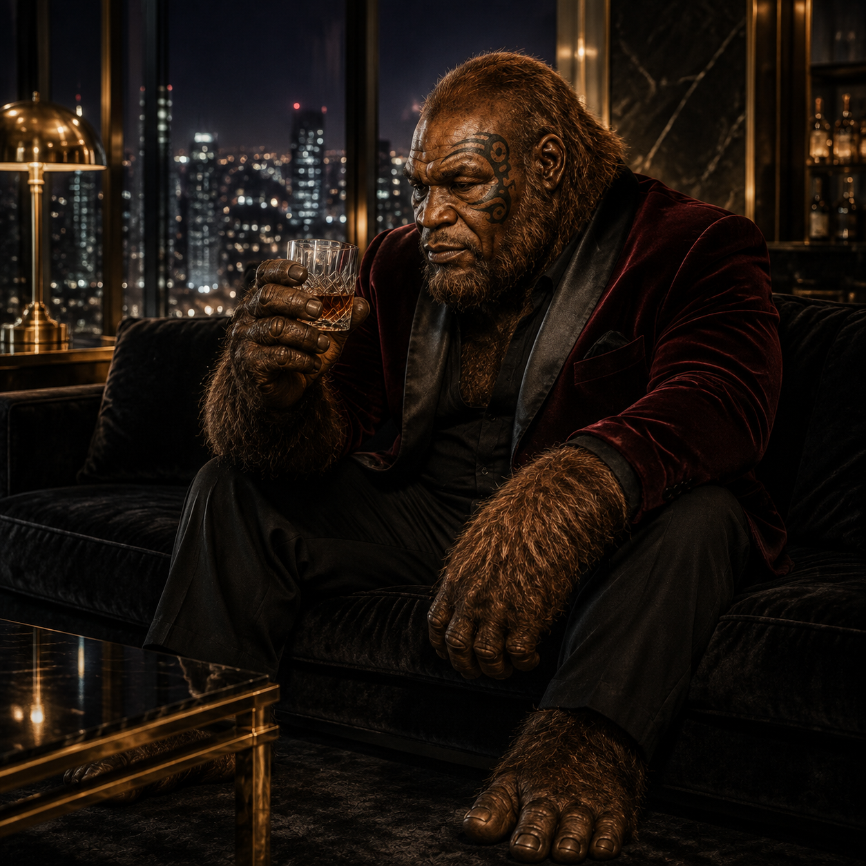 Mike Apeson in a velvet jacket sipping whiskey in a penthouse lounge